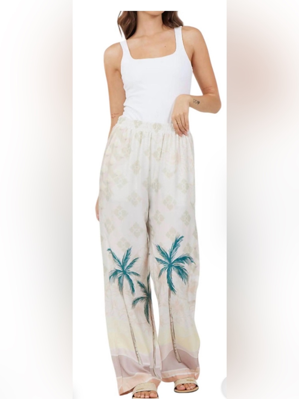 Vintage Havana Cream Wide Leg Palm Tree Print Pants